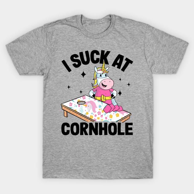 I Suck At Cornhole Loser Funny Sarcastic Joke Pink Unicorn T-Shirt by Kuehni